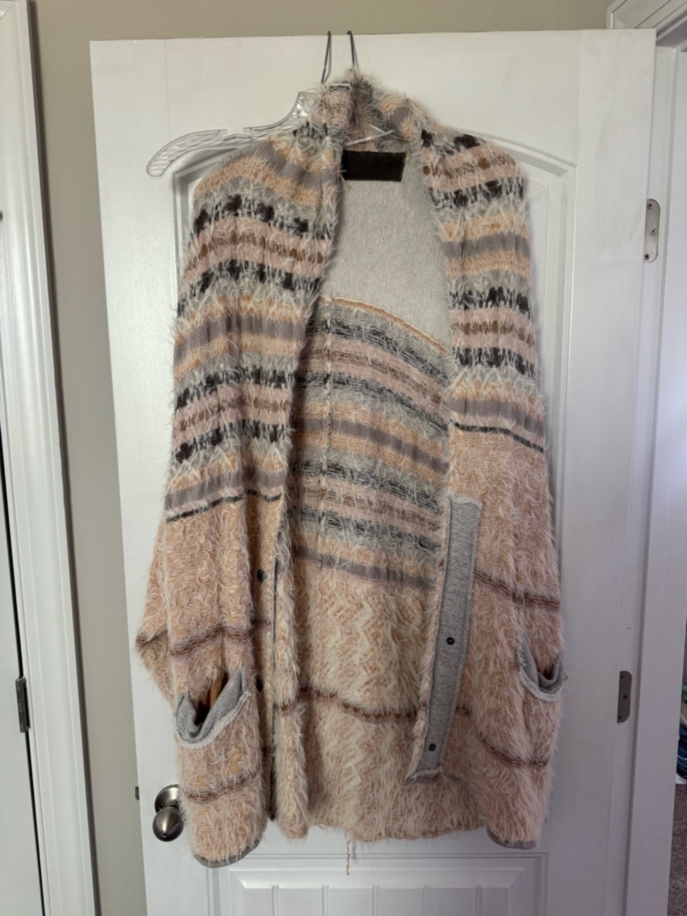 Free People Fuzzy Striped Open Cardigan in Pink, Gray & Cream